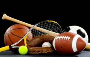 Tennis Racket & Ball, Baseball Glove & Ball with Bat, Football, Soccer Ball, and Basketball